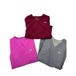 FIGS Technical Collection Scrub Tops Bundle 3 XS Burgundy Pink Grey‎